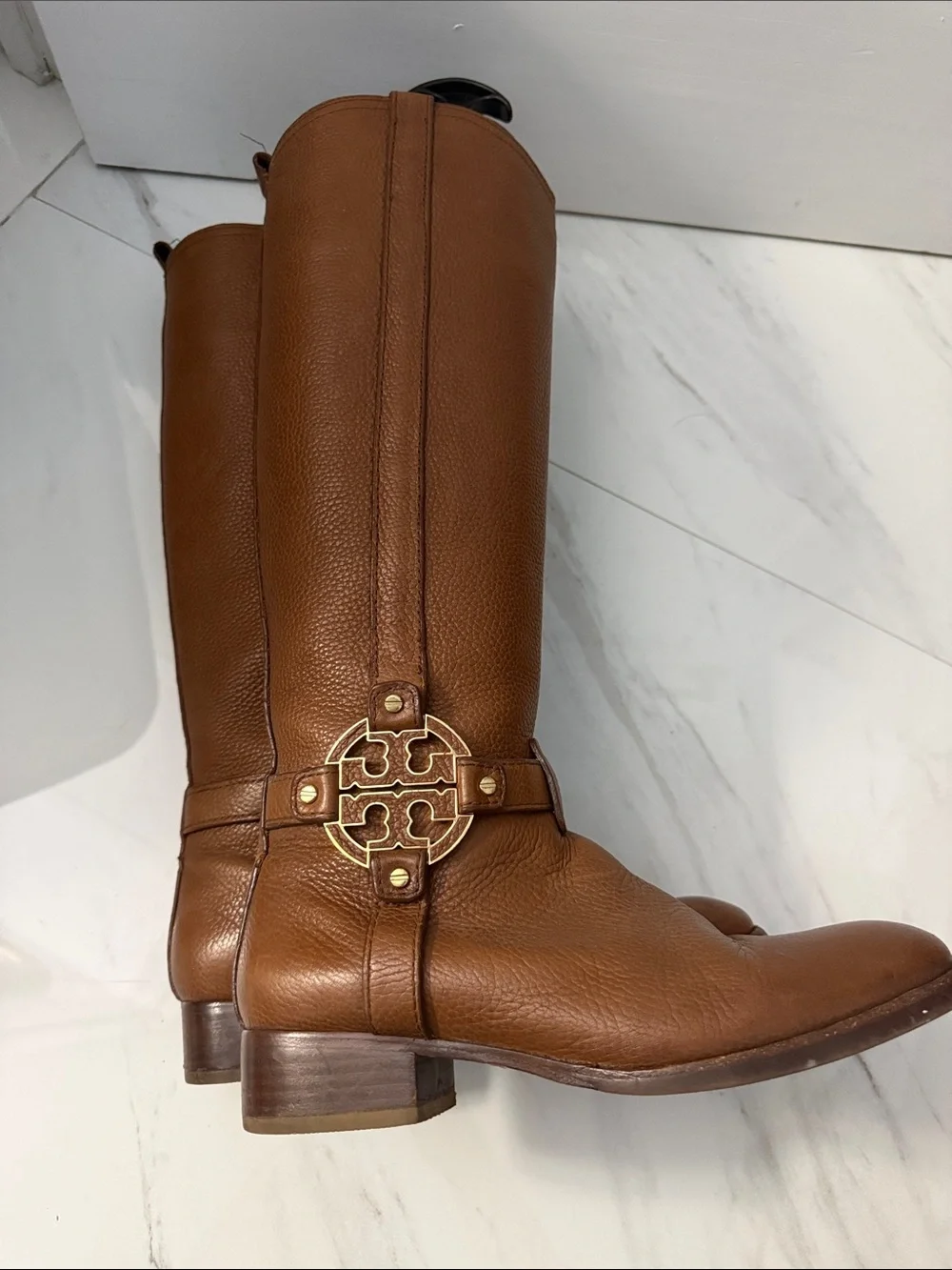 Tory Burch Cognac Leather Tall Riding Boots with Gold Logo